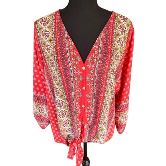 West Kei Red Boho Print Button-Front Top – Size L - Picture 2 of 7
